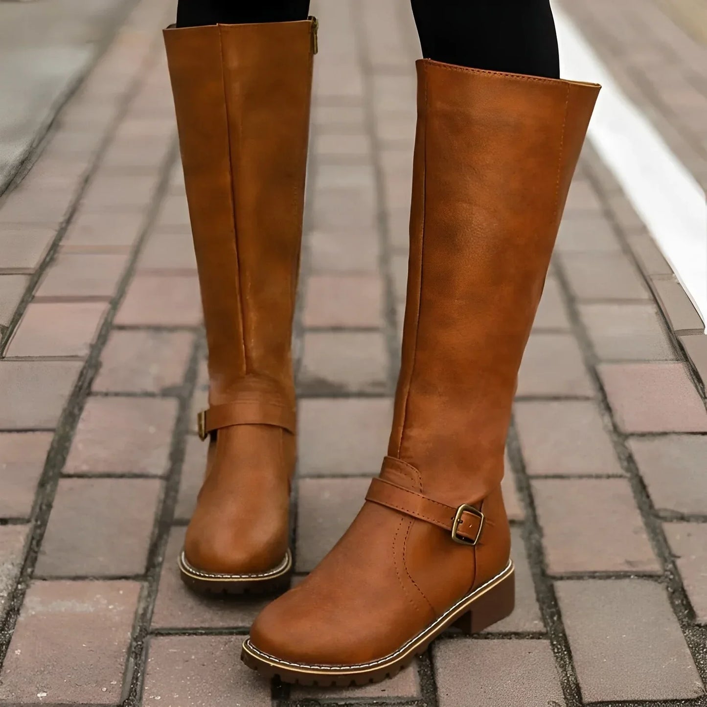 Bottes longues en cuir à boucle métallique premium femmes