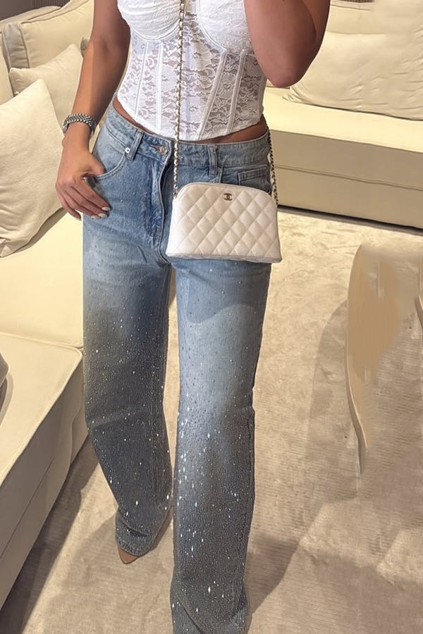 Jeans décontractés taille haute à jambes droites avec strass et poches