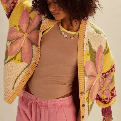 Cardigan en tricot floral douillet avec coupe ample et manches longues