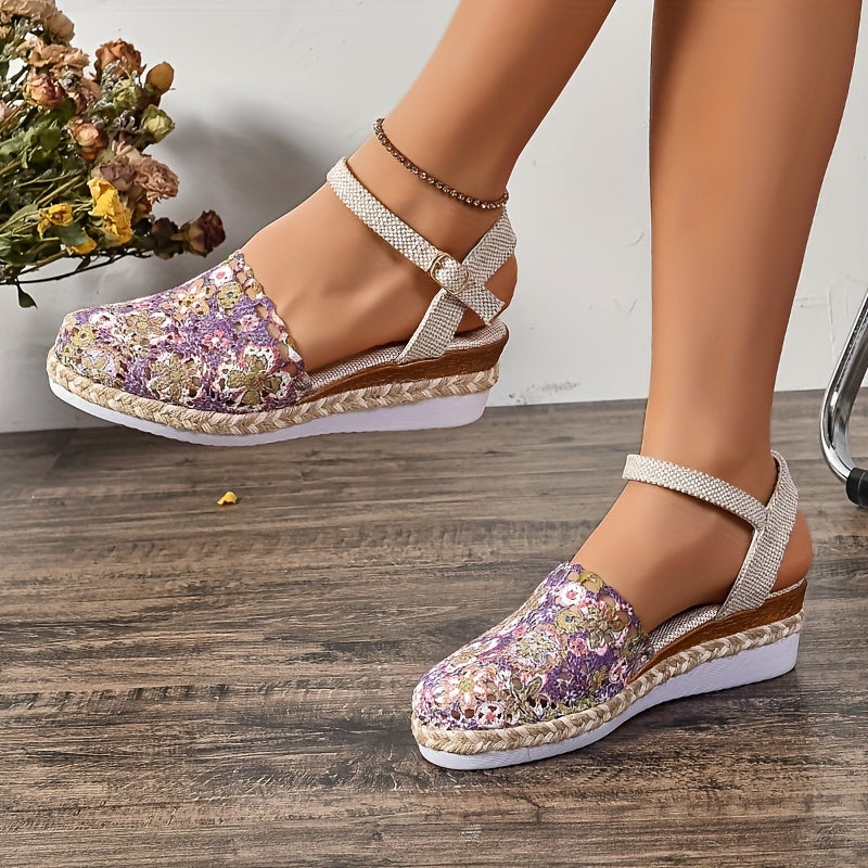 Sandales Compensées À Lanière Boucle Florale Femme