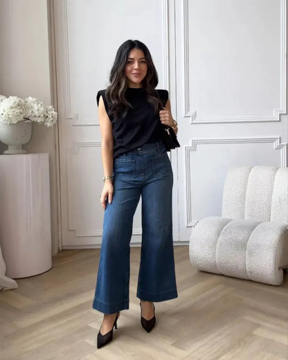 Jeans en denim taille haute à jambes larges pour femmes