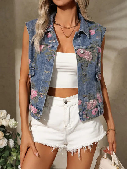 Gilet en jean sans manches pour femmes avec motif floral dans un style estival vintage