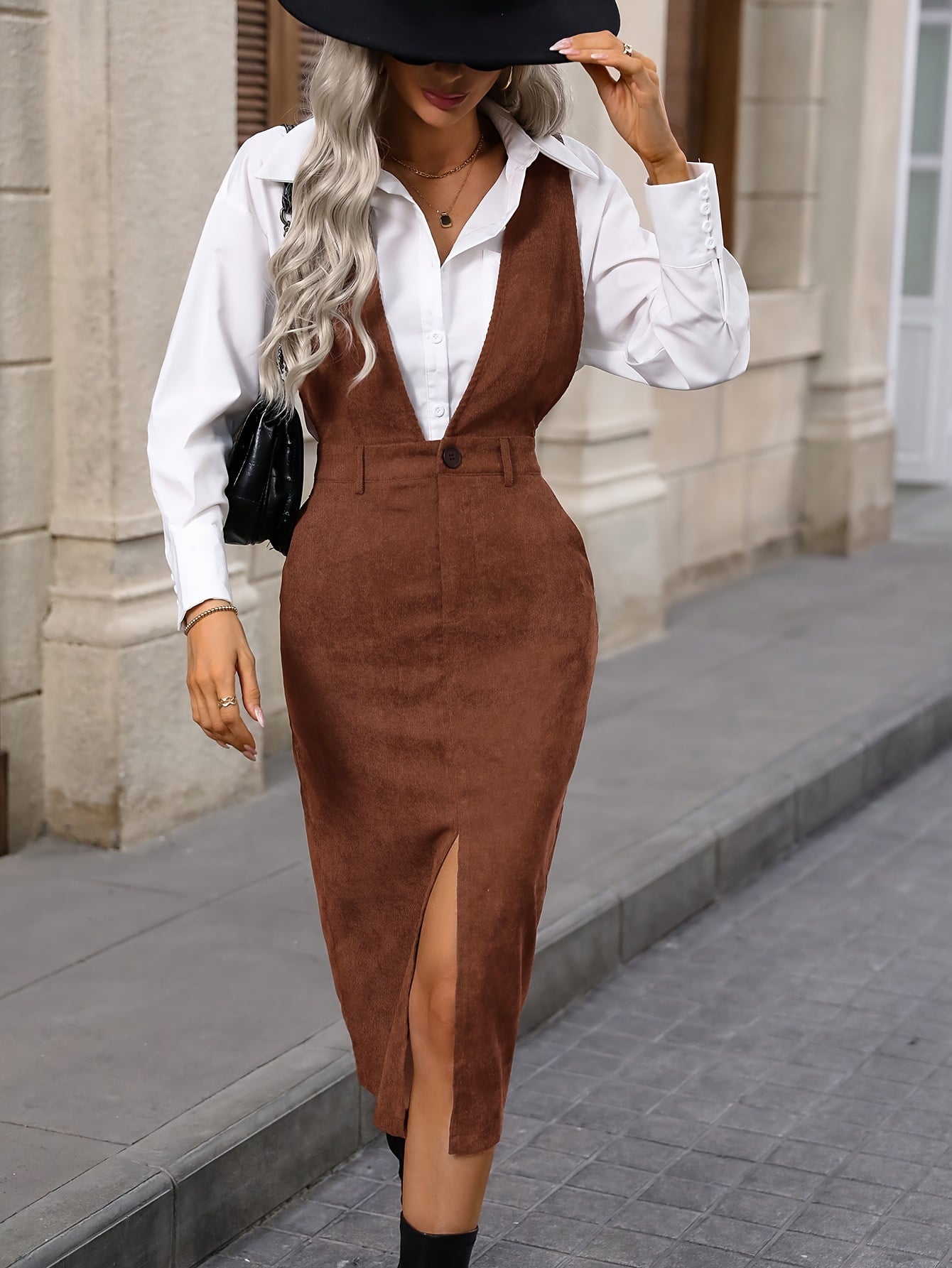 Robe Midi Brune Fendue Femme