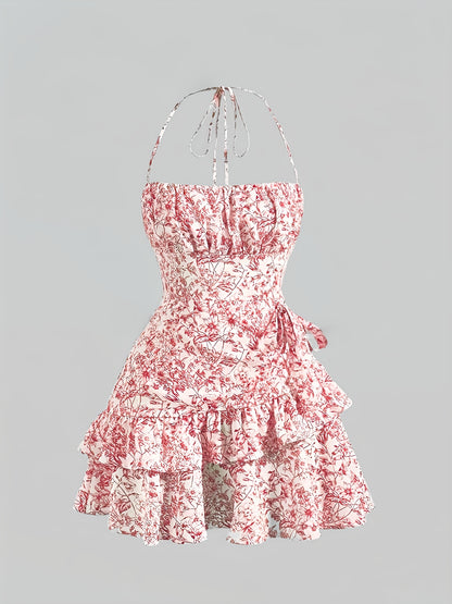 Robe Mini Florale à Col Halter et Empiècement Pour Femme