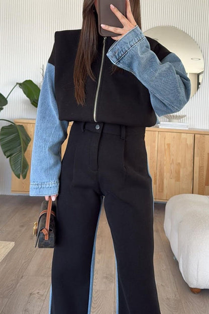 Veste Sweat-shirt Décontractée en Jean avec Patchwork et Fermeture Éclair