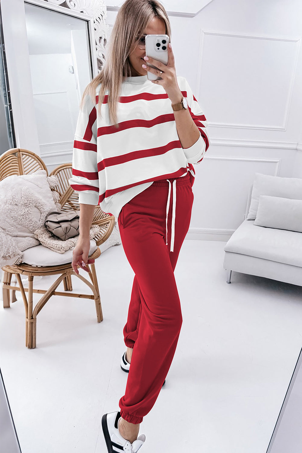 Femmes Pull à Rayures Rouge Tendance Ensemble Jogging