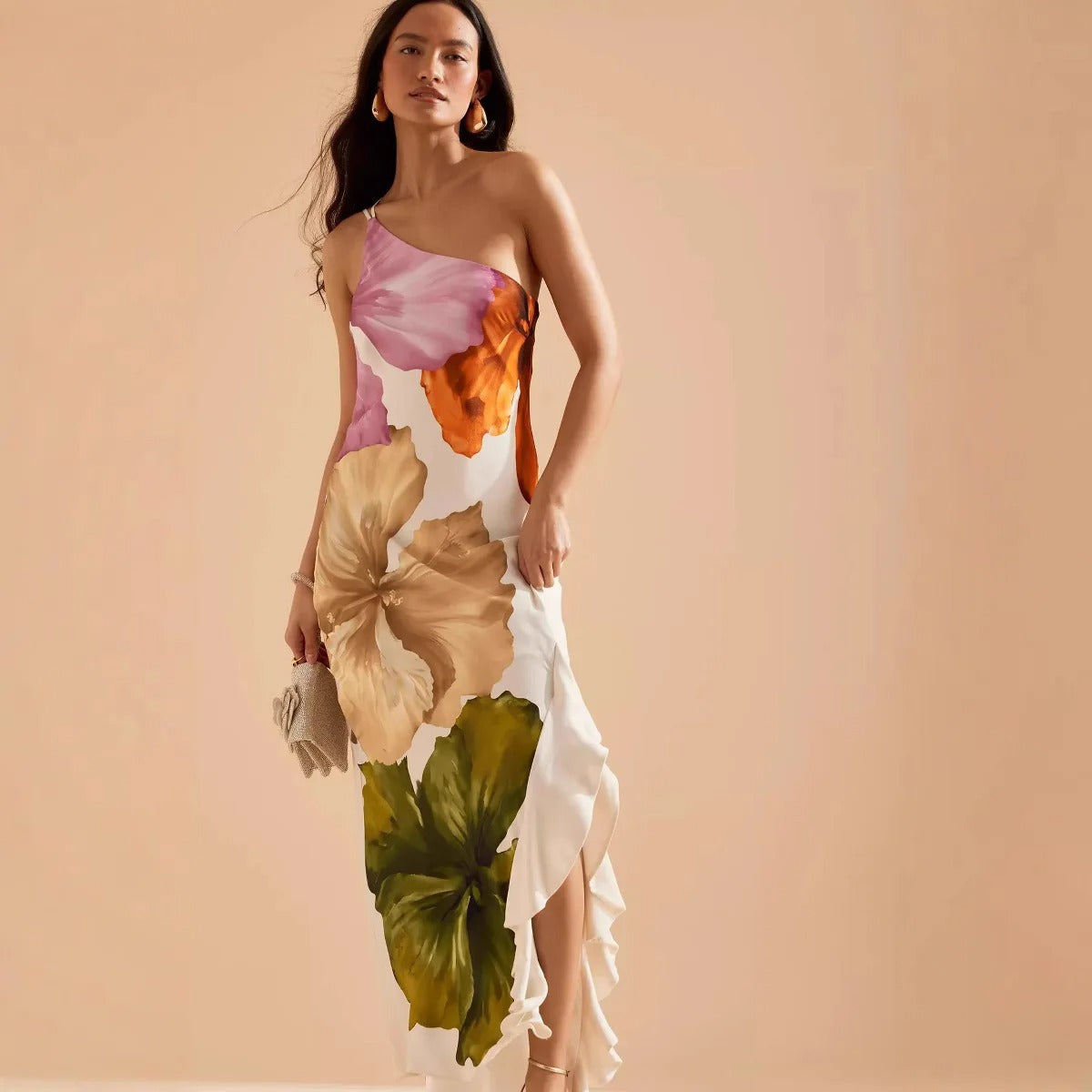 Robe Maxi Fleurie à Une Épaule avec Ourlet Volanté et Bretelles Spaghetti