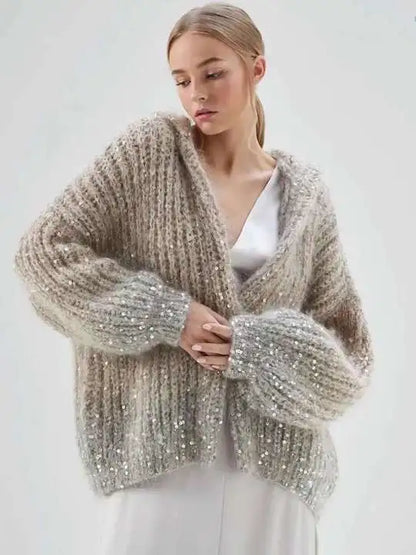 Cardigan Tricoté Pailleté Oversize pour Femmes