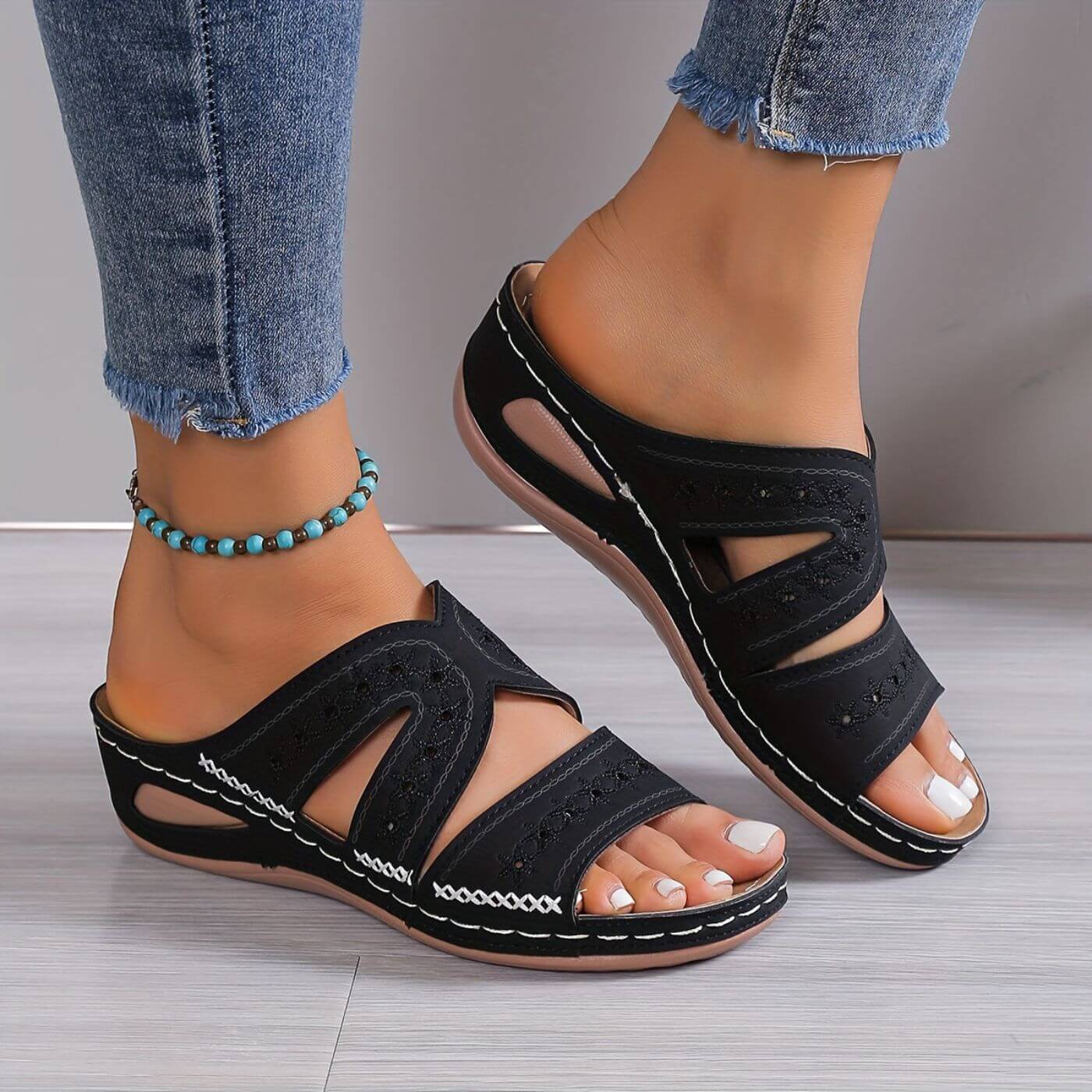 Mules Femme Confortables Plates À Talon Compensé Cuir