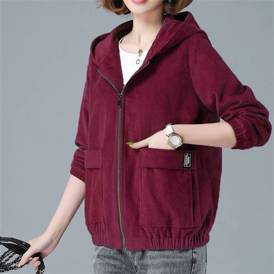 Sweat à capuche confortable en velours côtelé avec fermeture éclair et poches surdimensionnées