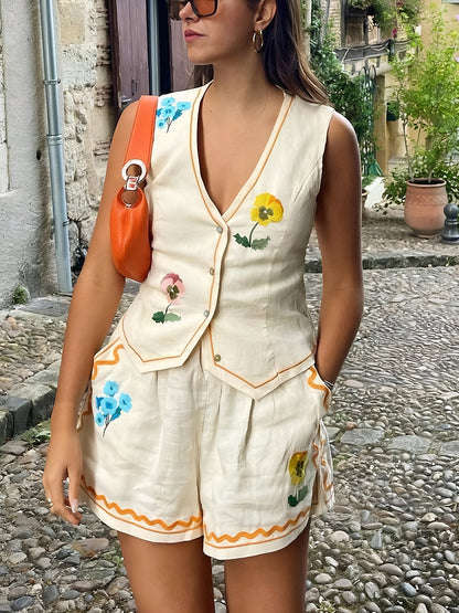 Ensemble Sans Manches Fleuri avec Gilet et Short Femme