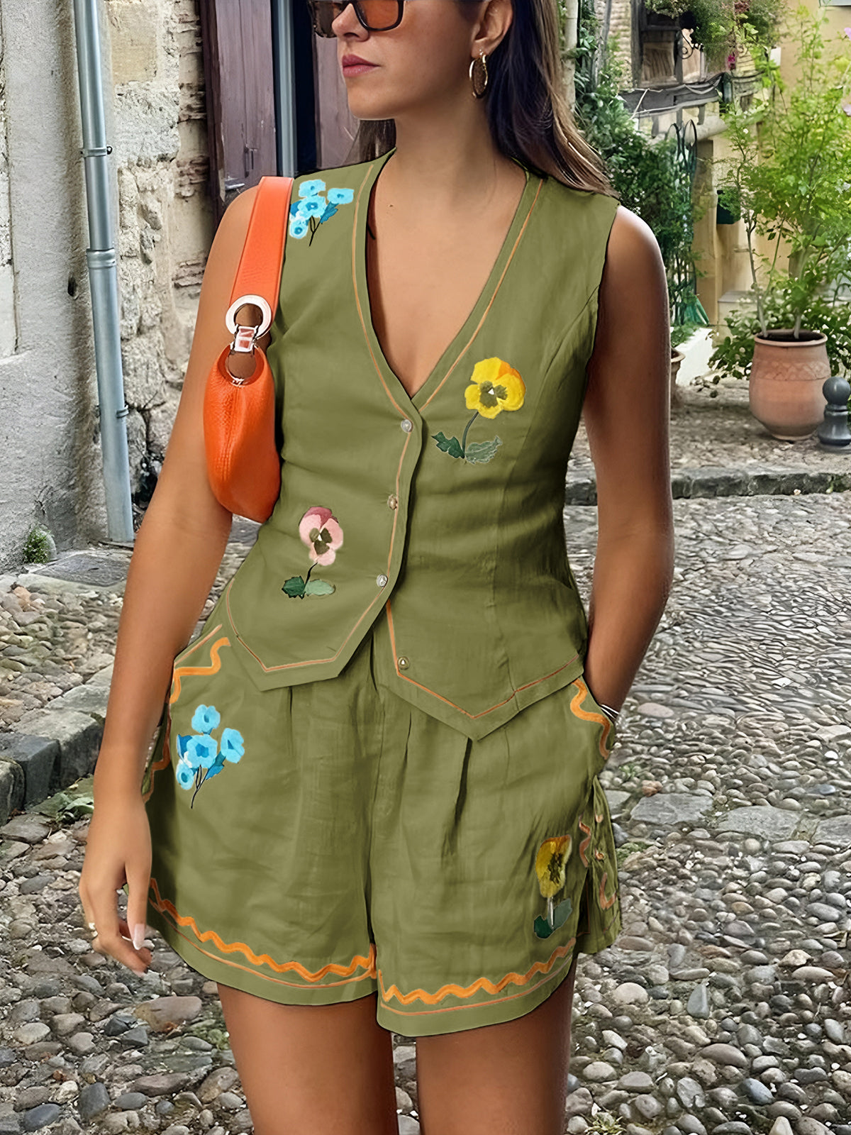 Ensemble Sans Manches Fleuri avec Gilet et Short Femme