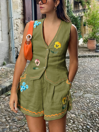 Ensemble Sans Manches Fleuri avec Gilet et Short Femme
