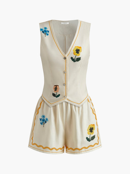 Ensemble Sans Manches Fleuri avec Gilet et Short Femme