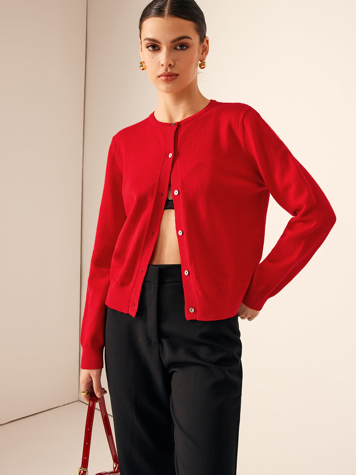 Cardigan boutonné en mélange de laine rouge femmes