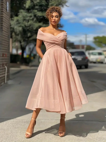 Robe pour Femme De Soirée Évasée En Organza Épaule Dénudée