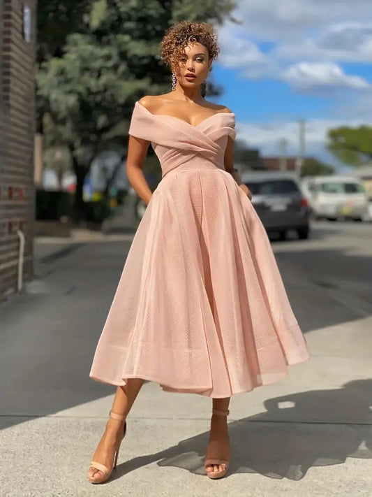 Robe pour Femme De Soirée Évasée En Organza Épaule Dénudée