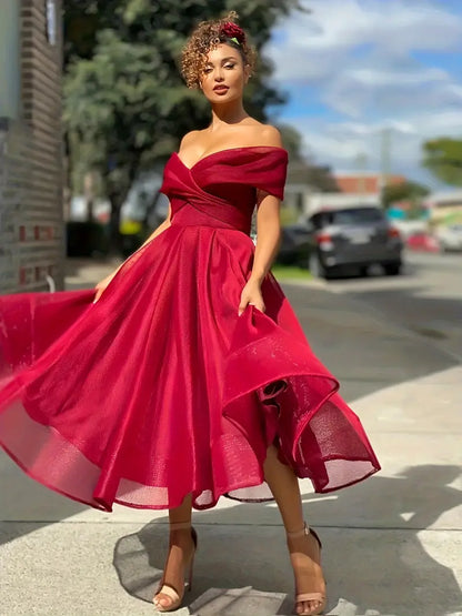 Robe pour Femme De Soirée Évasée En Organza Épaule Dénudée