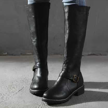 Bottes longues en cuir à boucle métallique premium femmes