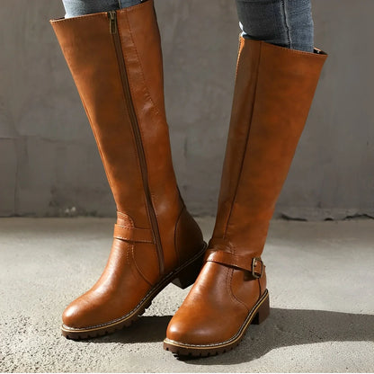 Bottes longues en cuir à boucle métallique premium femmes