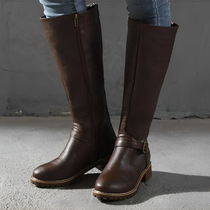 Bottes longues en cuir à boucle métallique premium femmes