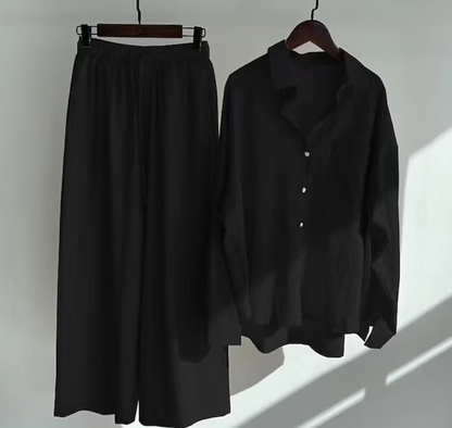 Ensemble décontracté de blouse en lin et de pantalon à jambes larges