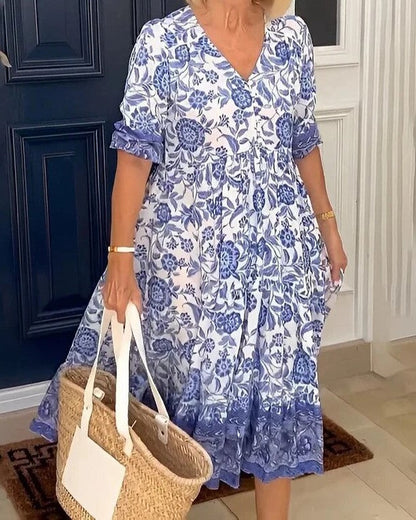 Robe Fleurie Col V Évasée Élégante pour Femme