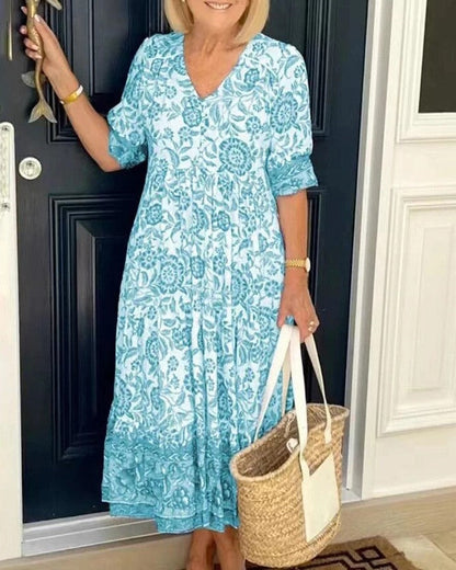 Robe Fleurie Col V Évasée Élégante pour Femme