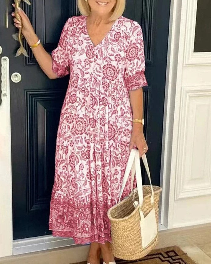 Robe Fleurie Col V Évasée Élégante pour Femme