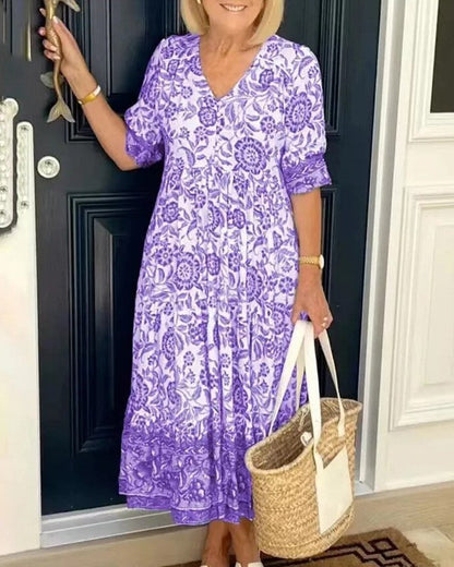 Robe Fleurie Col V Évasée Élégante pour Femme