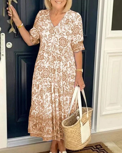 Robe Fleurie Col V Évasée Élégante pour Femme