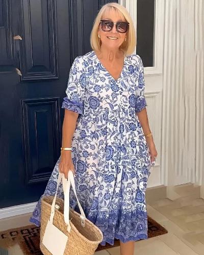 Robe Fleurie Col V Évasée Élégante pour Femme