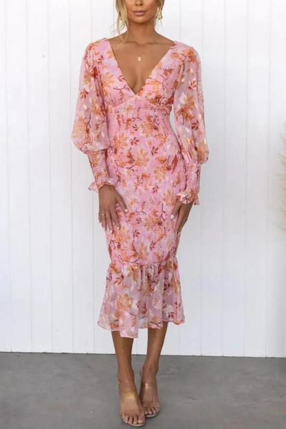 Robe Elegante Midi Fleurie Col V Femme