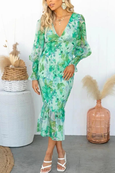 Robe Elegante Midi Fleurie Col V Femme