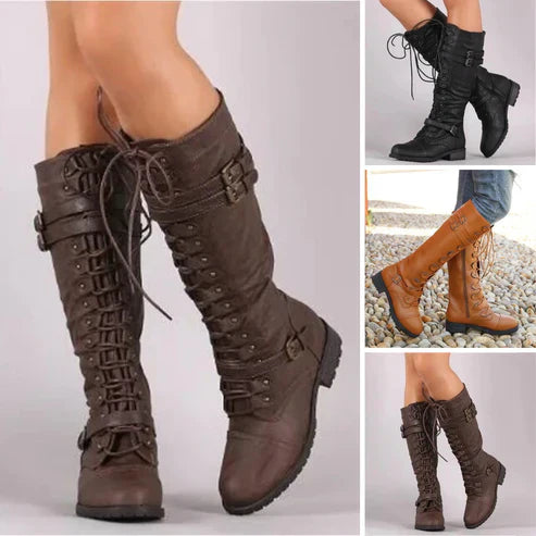Bottes en Cuir Vintage à Lacets Plats pour Femme Jusqu'aux Genoux