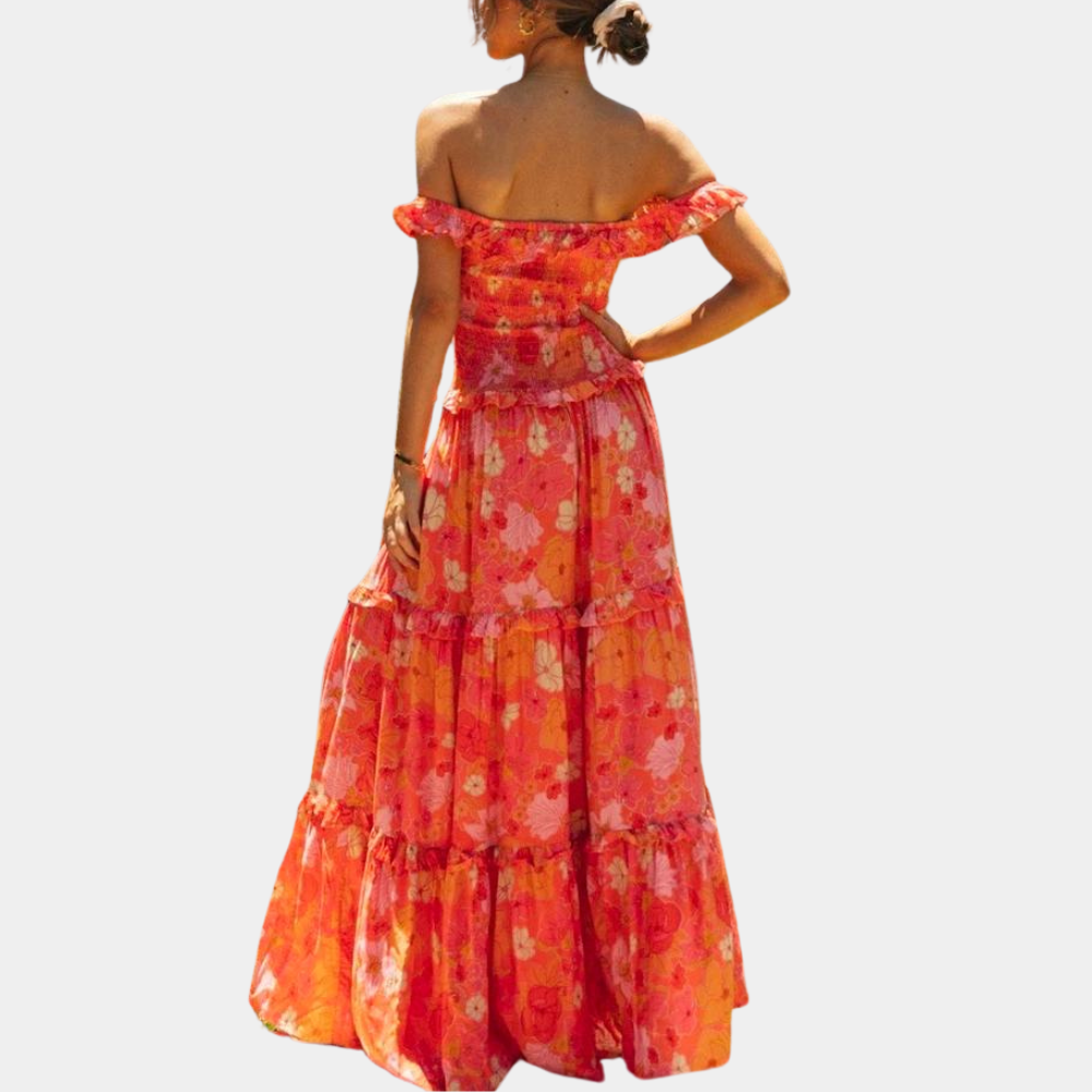 Robe Longue En Mousseline Florale À Épaules Dénudées Pour Femme