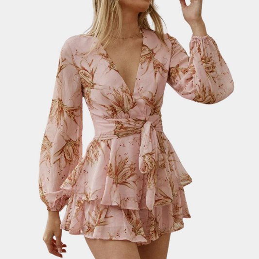 Robe Courte À Volants Imprimé Fleuri Col V Pour Femme