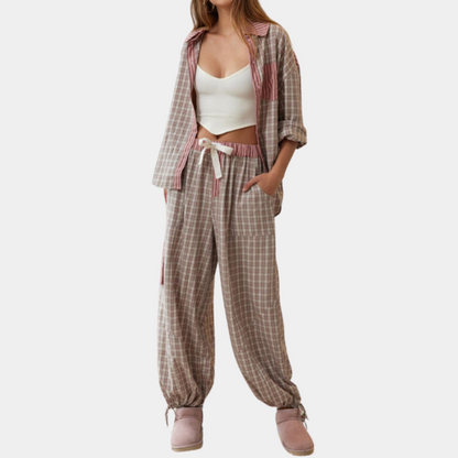 Pyjama Décontracté À Imprimé Carreaux Et Pantalon Aladdin Pour Femme