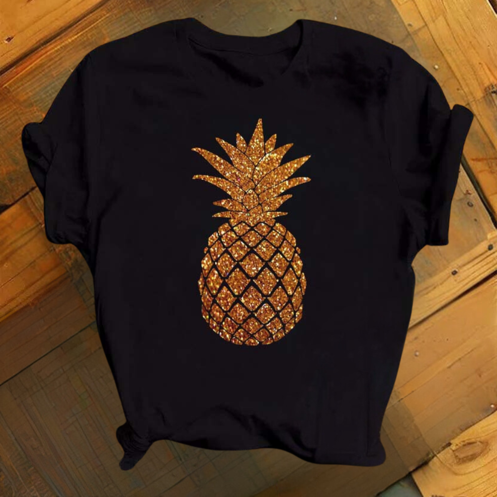 Polo Femme Élégant Imprimé Ananas Col Rond
