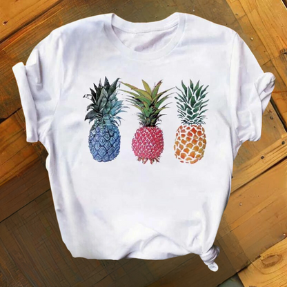 Polo Femme Élégant Imprimé Ananas Col Rond