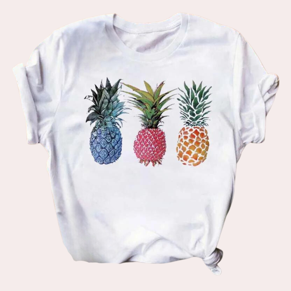 Polo Femme Élégant Imprimé Ananas Col Rond