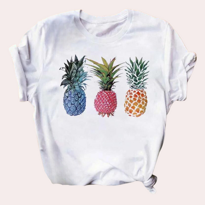 Polo Femme Élégant Imprimé Ananas Col Rond