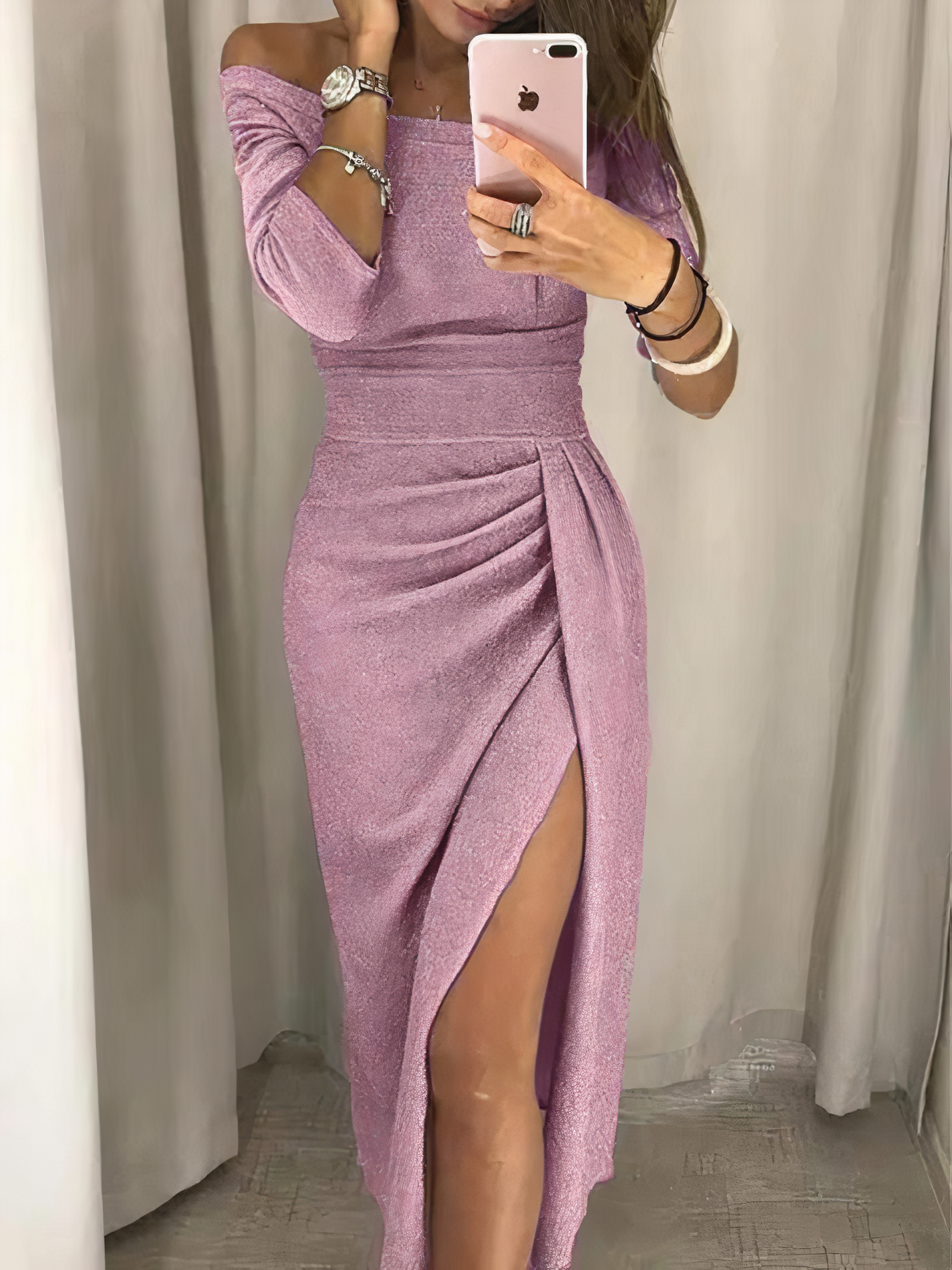 Robe Midi Pailletée Décolleté Dégagé pour Femmes