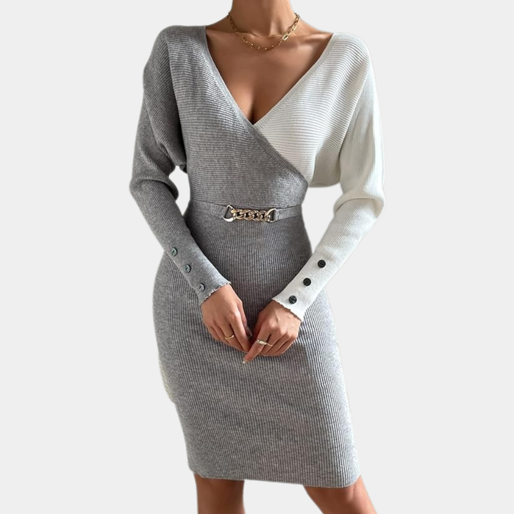 Robe Tricotée à Manches Longues Col V pour Femme