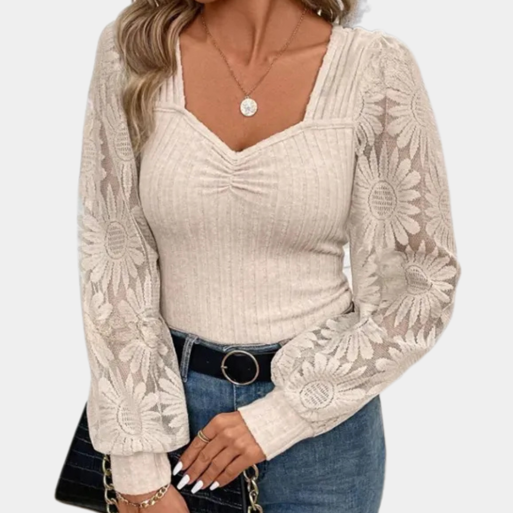 Blouse Longue À Manches En Dentelle Col V Pour Femme