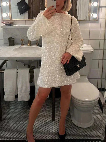 Robe Mini À Paillettes Et Nœud Manches Longue Pour Femme