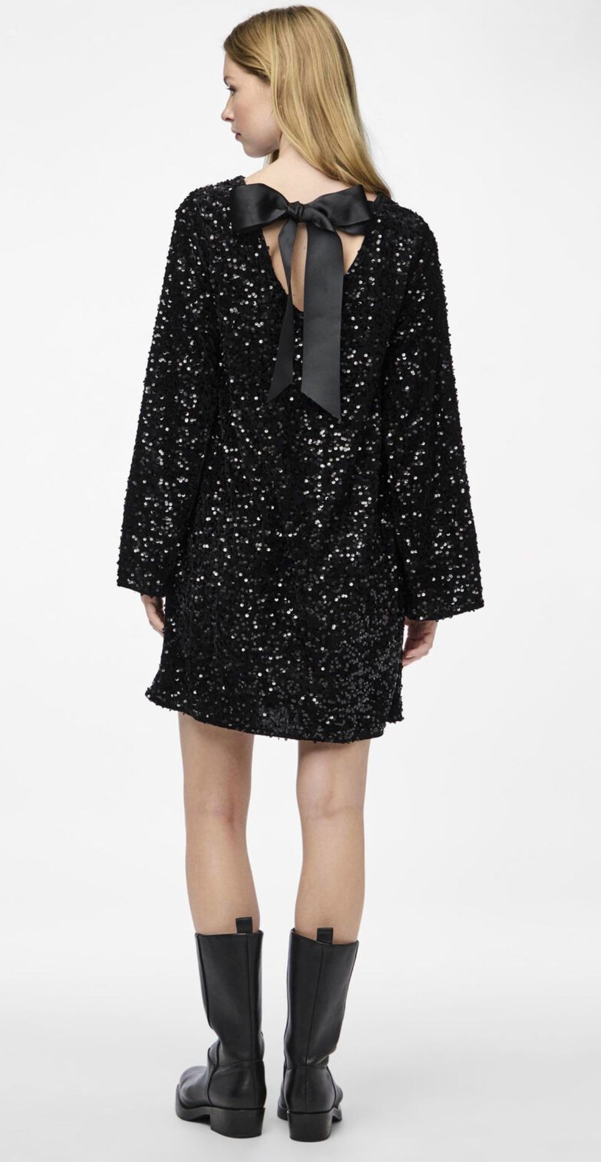 Robe Mini À Paillettes Et Nœud Manches Longue Pour Femme