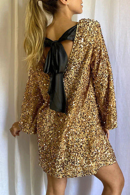 Robe Mini À Paillettes Et Nœud Manches Longue Pour Femme