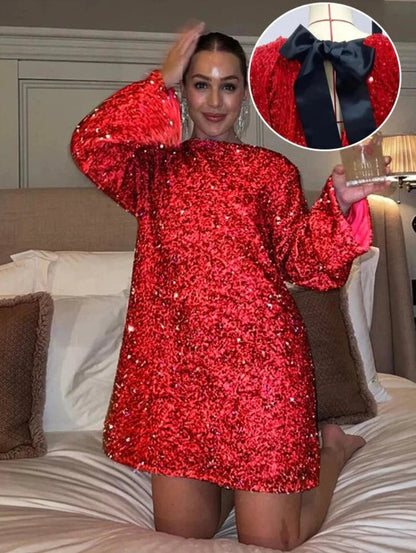 Robe Mini À Paillettes Et Nœud Manches Longue Pour Femme