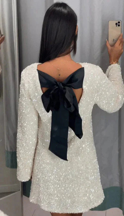 Robe Mini À Paillettes Et Nœud Manches Longue Pour Femme